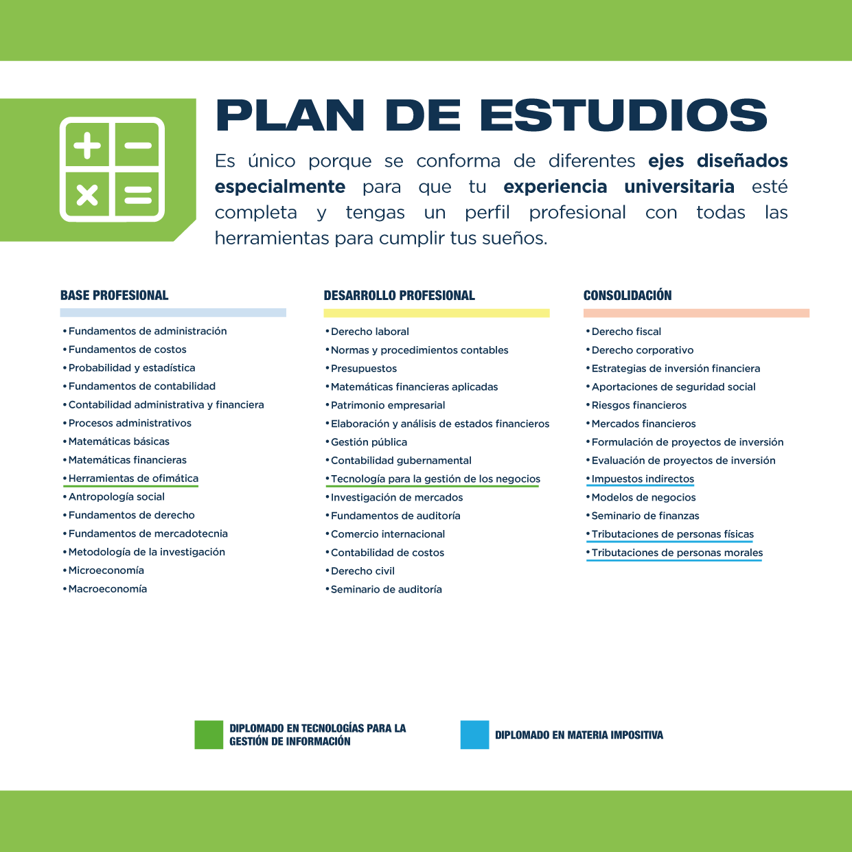 El plan de estudios de la licenciatura en Contaduría e Impuestos te capacita para el éxito mediante materias que responden a las necesidades actuales del campo laboral. 